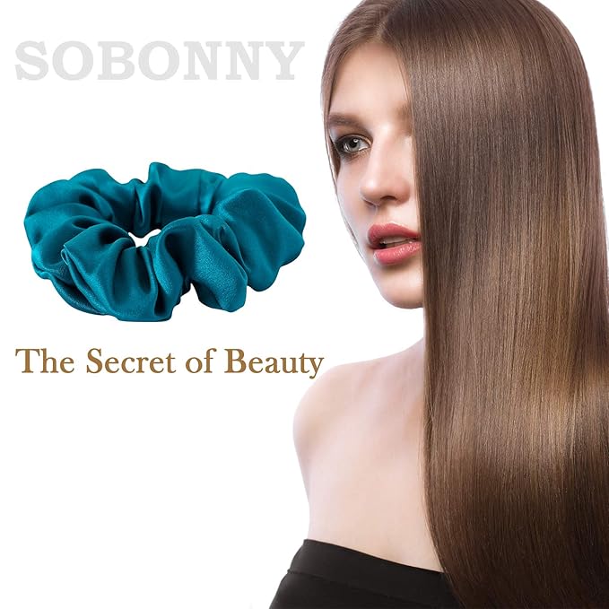 MulberrySilk Scrunchies for Women Hair Ties for Sleep and Night Hair Sleep, Women Grils Silk Hair Ties 3 Pack（Black,Taupe,Peacock blue）