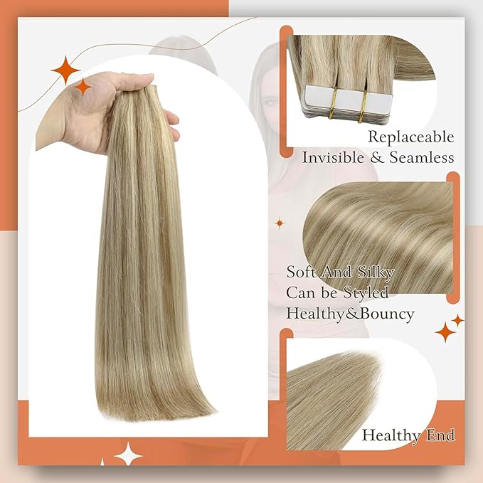 Full Shine Highlight Tape in Human Hair Extensions Color 16P22 Blonde Tape in Extensions Human Hair Cuticles Aligned Remy Double Sided Skin Weft 24Inch 100G Natural Extension 40Pcs
