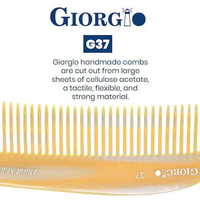 Giorgio G37 Large Coarse Hair Detangling Comb, Wide Teeth for Long Thick Curly Wavy Hair. Wet and Dry Use. Handmade Rake Comb, Saw-Cut from Cellulose, Hand Polished Imitation Horn