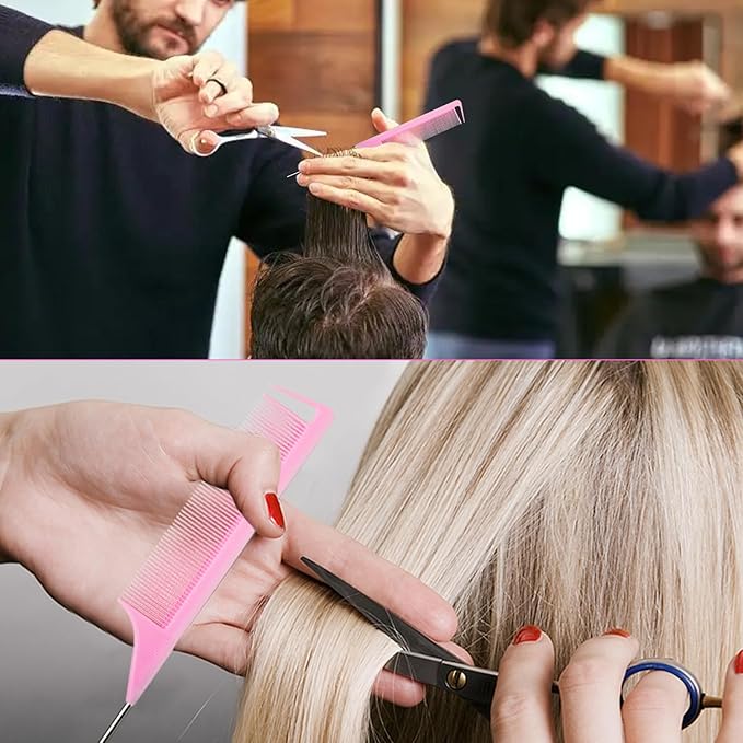 Rat Tail Combs 12 PCS, Parting Combs for Braiding Hair Carbon fiber heat-resistant anti-static,for Sectioning, Parting, Styling Hair (Pink)