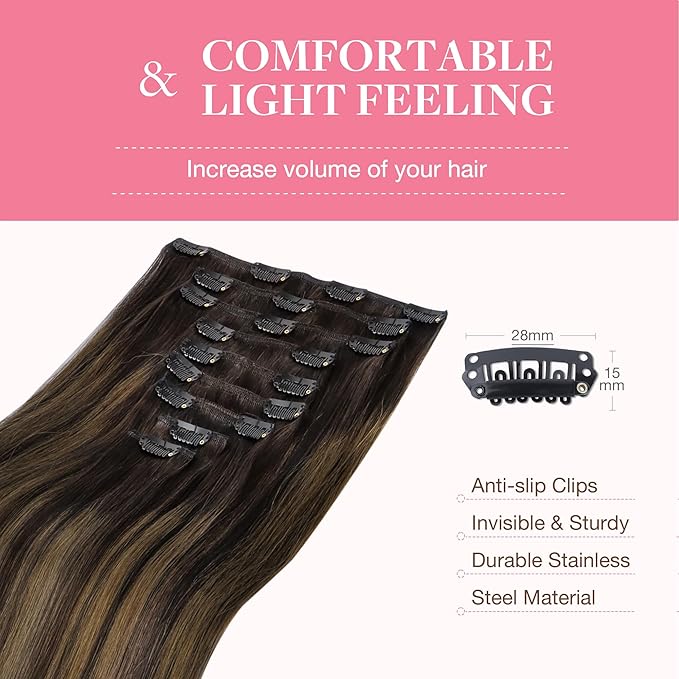 GOO GOO Clip in Hair Extensions Real Human Hair, Remy Human Hair Extensions Clip ins for Women, Natural Human Hair, 18inch 150g 9Pcs, 2/6/2 Balayage Dark Brown to Chestnut Brown
