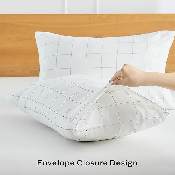 JELLYMONI 100% Natural Cotton Plaid Body Pillowcase, 1 Pack White Checkered Pattern Printed Pillow Covers with Envelope Closure (Pillows are not Included)