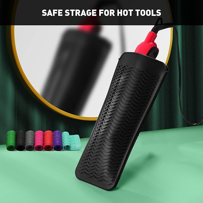ZAXOP 2 Pack Heat Resistant Silicone Mat Pouch for Flat Iron, Curling Iron,Hair Straightener,Hair Curling Wands,Hot Hair Tools (Black&Black)