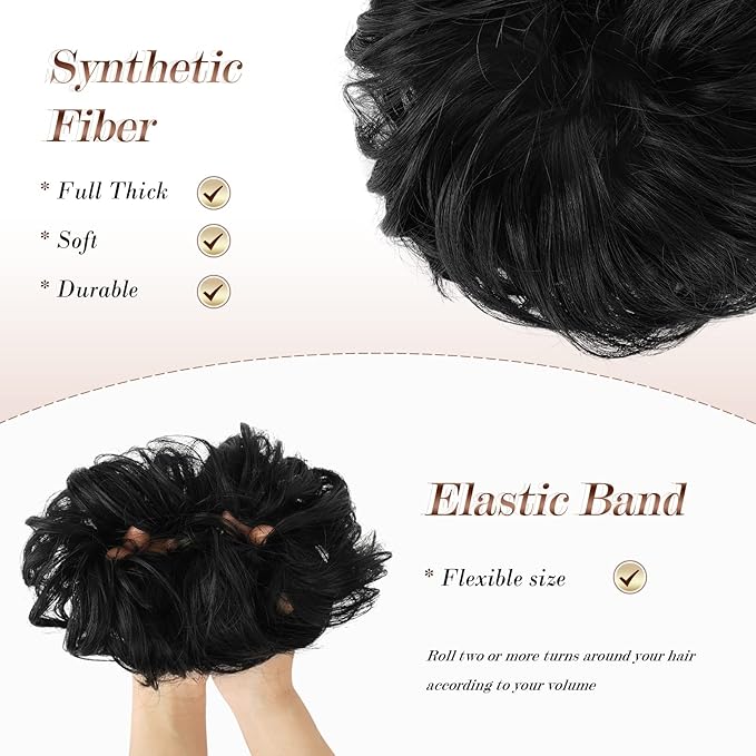 FESHFEN Messy Bun Hair Piece - Large Elastic Wavy Curly Hair Bun Scrunchies Ponytail Extensions Synthetic Chignon Hairpieces for Women, Off Black 1.94oz