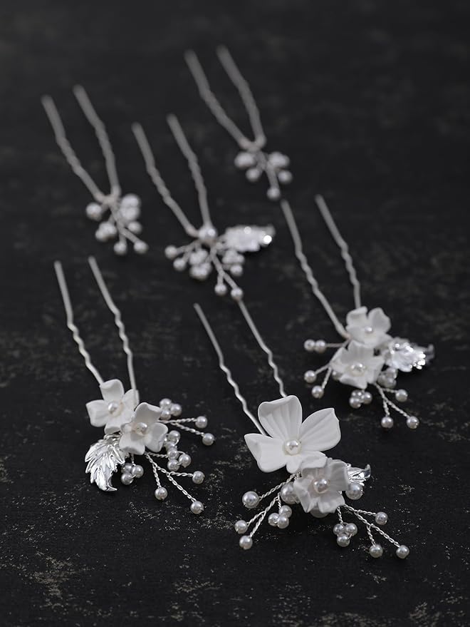 Handmade Pearl Bridal Wedding Hair Pins 6Pcs White Flower Gold Leaf Pearls Clips Bridal Hair Accessories for Women Brides Bridesmaid