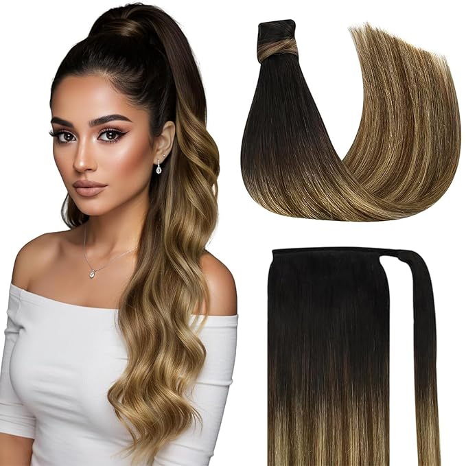 Ve Sunny Hair Extensions Ponytail Real Human Hair Wrap Around Clip in Ponytail Hair Extensions Straight Extensions Human Hair for Women Black Ombre Dark Brown Balayage Caramel Blonde 22inch 80G
