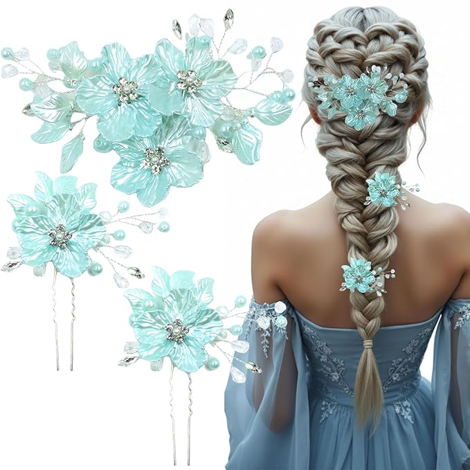 3 PCS Large Flower Bridal Wedding Hair Pins Crystal Pearl Hair Clips Headpiece Bride Hair Accessories Jewelry with Rhinestone, Glitter Emboss Blue Flower
