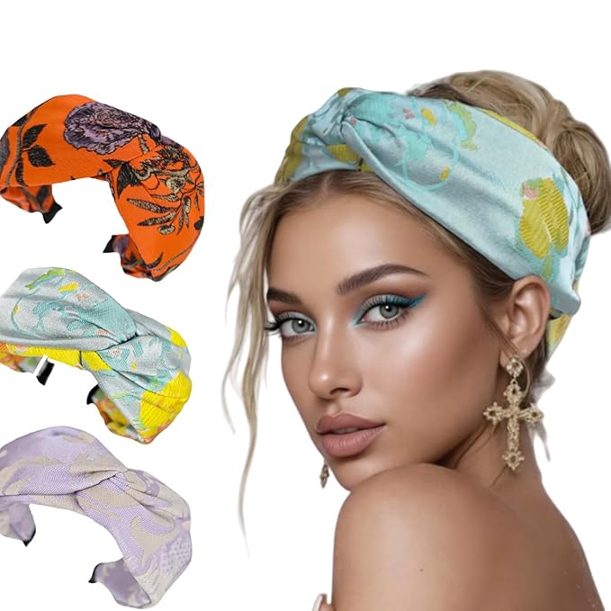 Prodaylab Twist Knotted Headbands for Women Trendy Fabric Embroidery Hair Elastics Wide Hair Bands Soft Non Slip Accessories Hairband for Girls (Hydrangea)