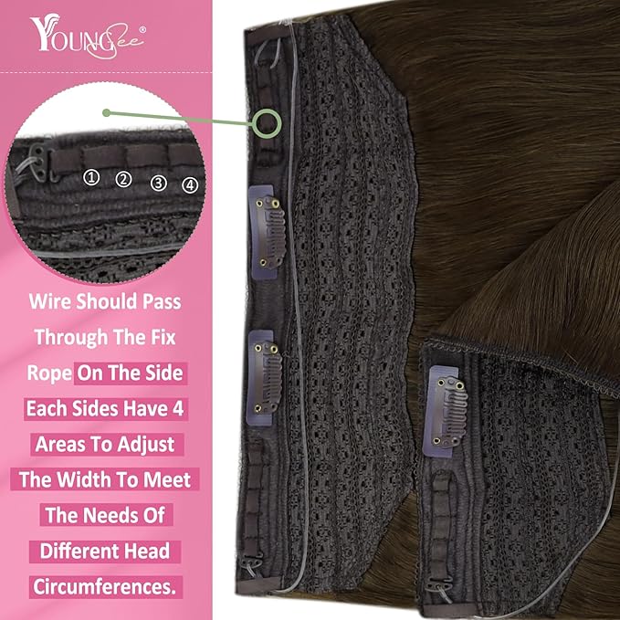 YoungSee Wire Hair Extensions Real Human Hair Brown Wire Human Hair Extensions Brown Fish Line Hair Extension Real Human Hair Easy of Use 70g 14 Inch