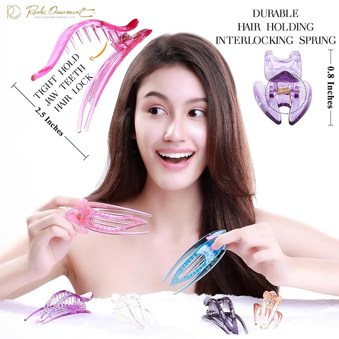 RC ROCHE 6 Pcs Flat Hair Clips Big Claw for Thick Hair French Duckbill Women No Slip Side Slide Curved Alligator Concord Strong Grip Hold Volume Lay Down Clamp, Small Transparent