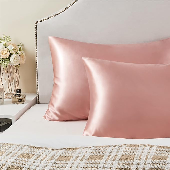 BEDELITE Satin Pillowcase for Hair and Skin, Super Soft and Cooling Similar to Silk Pillow Cases 2 Pack with Envelope Closure, Gift for Women Men(20"x26" Standard Size, Rose Pink)