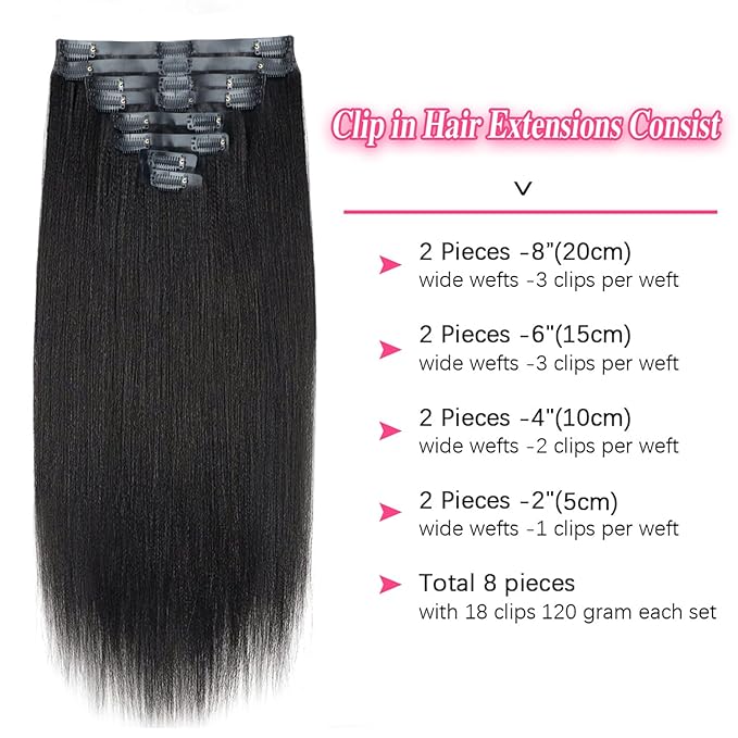 26 Inch Seamless PU Yaki Straight Clip ins Hair Extensions Real Human Hair For Women Invisible Yaki Straight Clip ins Hair Extensions (26inch,#1B)