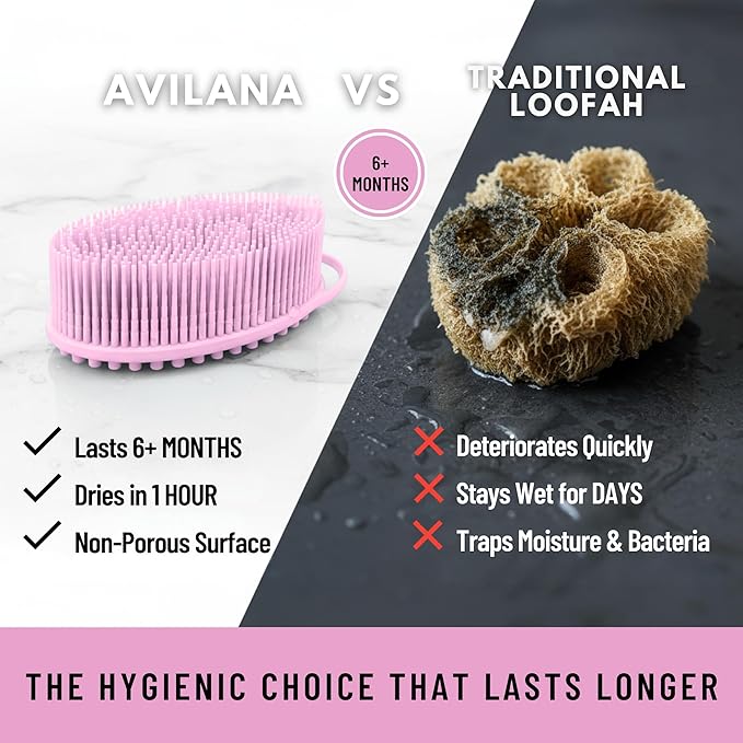 Silicone Body Scrubber for Shower - Gentle Exfoliating Back Scrubber with Soft Bristles - Avilana Premium Dual Sided Bath Brush Massage - Loofah Alternative for Sensitive Skin - Gift Women Men