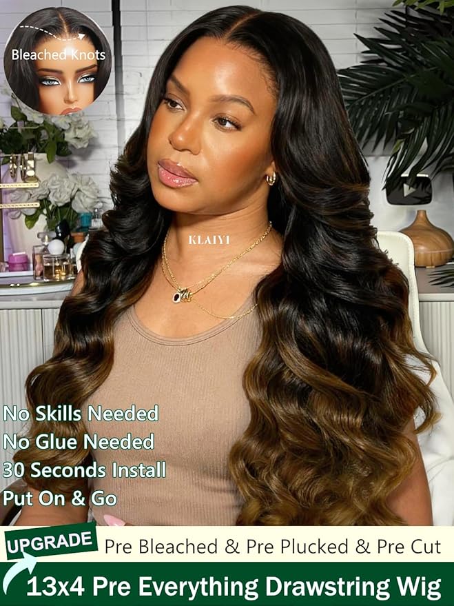 KLAIYI Ombre Brown Loose Body Wave 13x4Pre Everything Lace Frontal Chestnut Brown Drawstring Wig with Face Framing Layers Precut Lace Pre Plucked Bleached Bye Bye Knots Ready to Wear and Go Wig 18Inch