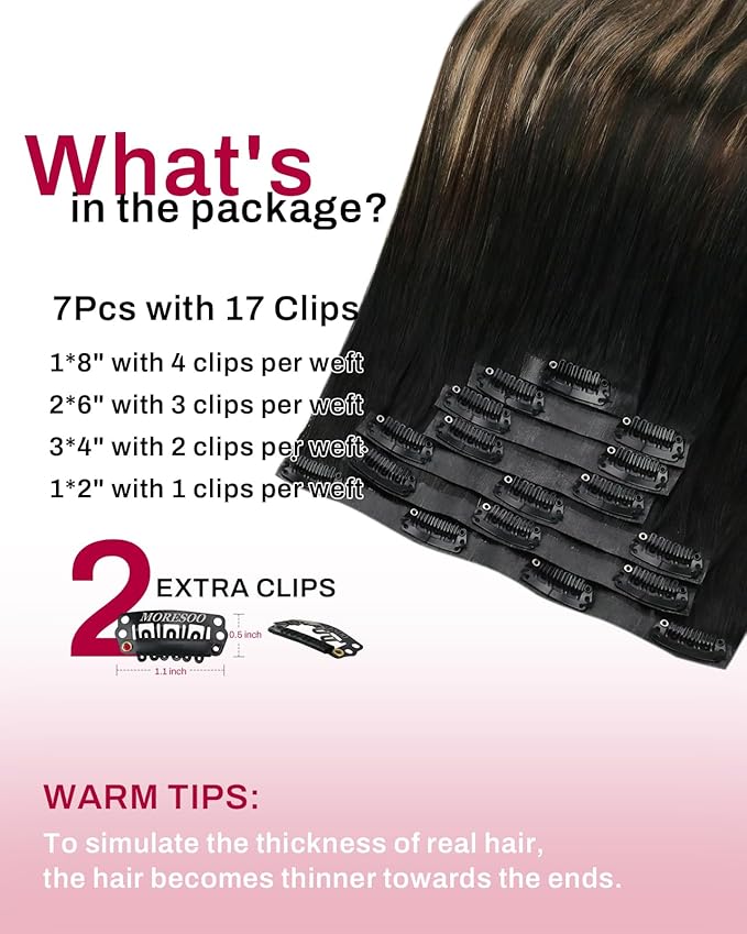 Moresoo Seamless Clip in Hair Extensions Ombre Black to Blonde Hair Extensions Clip ins Real Hair Natural Black to Brown with Honey Blonde Long And Straight 120g/7pcs 20 inch