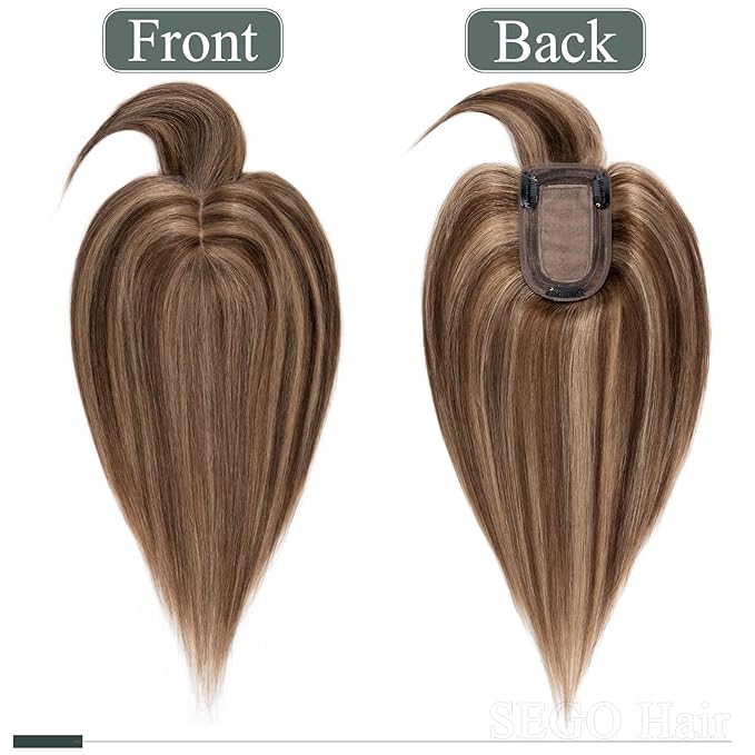 SEGO Hair Toppers for Women Real Human Hair with Thinning, with Front Bangs Clip in Toppers Straight 150% Density Silk Base -16 Inch #4/27 Medium Brown Mix Dark Blonde