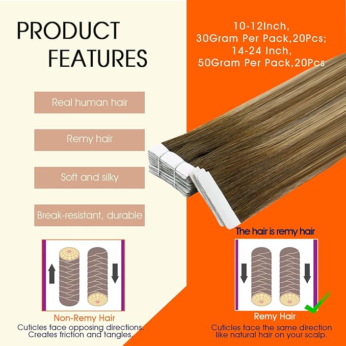 Full Shine Brown Tape In Hair Extensions Human Hair Color 4/24/4 Medium Brown Ombre Blonde Injection Human Hair Tape in Extensions 14Inch 40G 20Pcs Remy Short Hair Compatibility