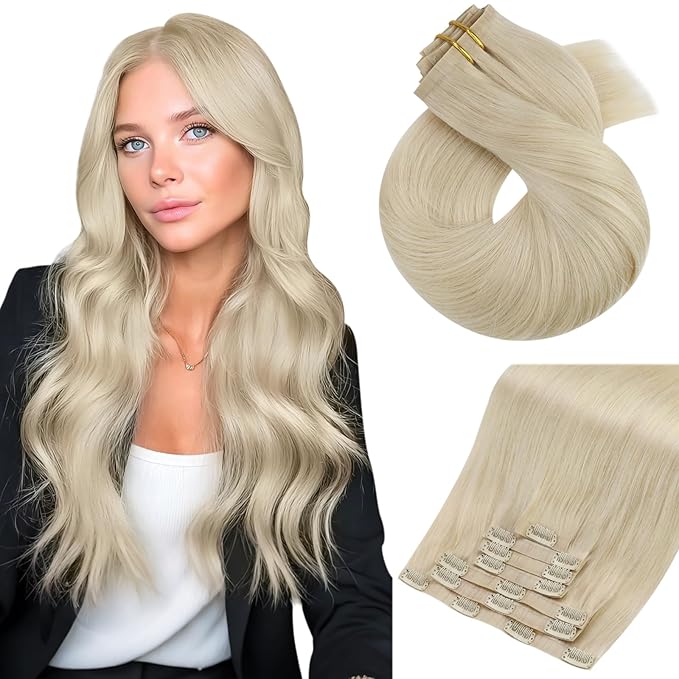 Moresoo Seamless Clip in Hair Extensions Real Human Hair Golden Platinum Blonde PU Weft Clip in Human Hair Extensions Blonde Full Head 7pcs 120g 20inch