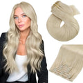 Moresoo Seamless Clip in Hair Extensions Human Hair Blonde Seamless Real Human Hair Extensions Clip ins Platinum Blonde Pu Weft Long And Straight 120g/7pcs 18 inch