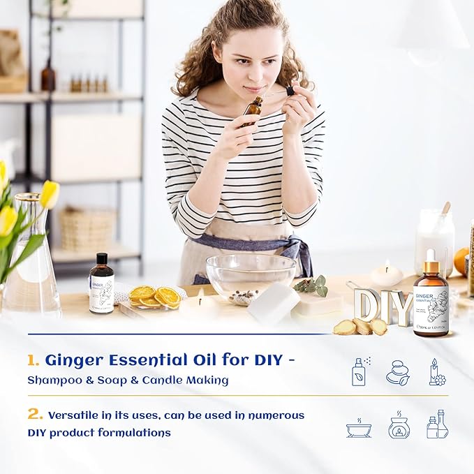 HIQILI 1 Fl Oz Ginger Oil, 100% Pure Natural Ginger Essential Oil for Hair, Massage, Skin - 30ml