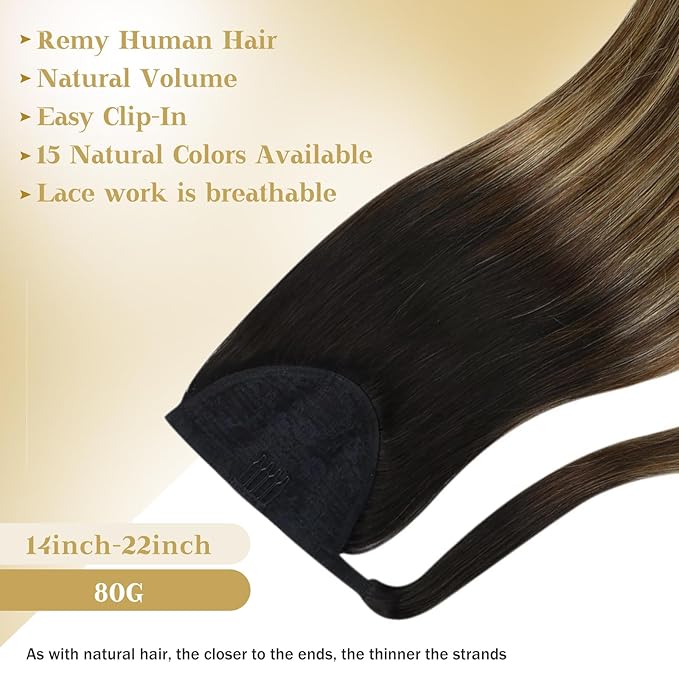 Ve Sunny Hair Extensions Ponytail Real Human Hair Wrap Around Clip in Ponytail Hair Extensions Straight Extensions Human Hair for Women Black Ombre Dark Brown Balayage Caramel Blonde 20inch 80G