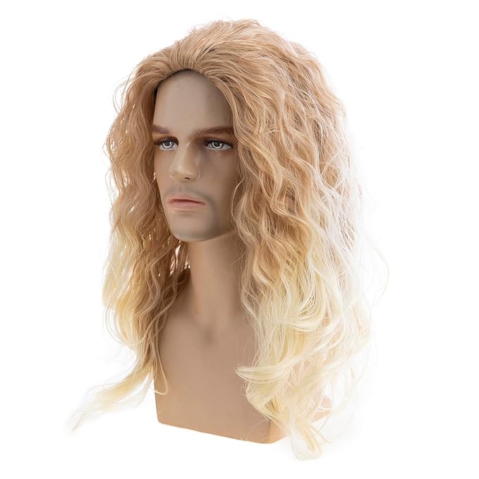 Baruisi Long Curly Wavy Blonde Wigs for Men Synthetic Natural Party Halloween Cosplay Hair Wig