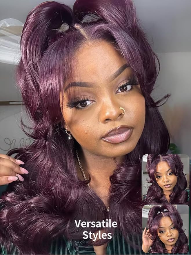 KLAIYI Black Cherry Loose Body Wave Bye Bye Knots Glueless Wig 7x5Precut Lace Front Wigs Human Hair Drawstring Pre Plucked Bleached 30S Ready to Wear and Go Wig with Face Framing Bangs Burgundy 24Inch