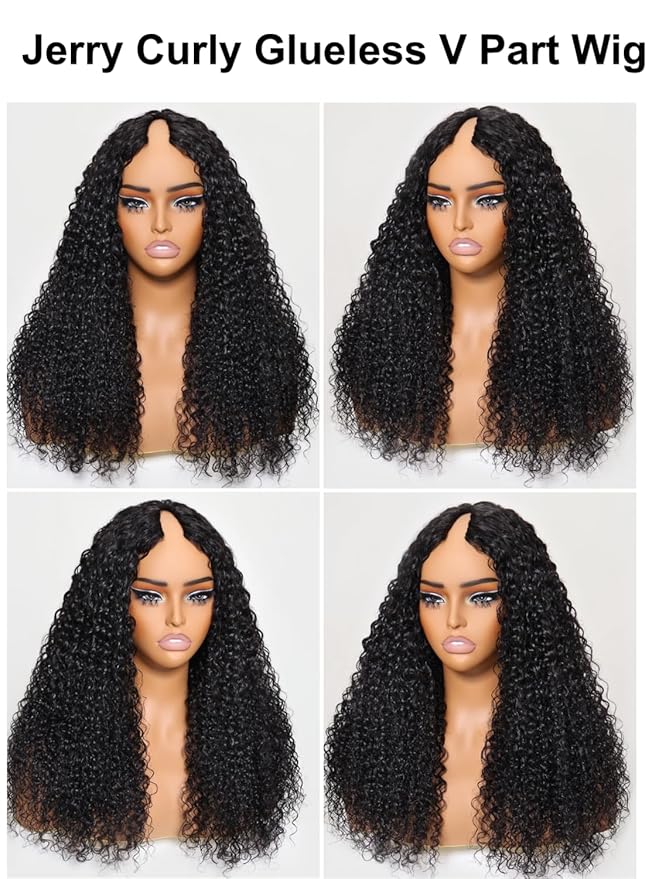 YIROO EasiContour V Part Wigs Human Hair Jerry Curly Glueless Human Hair Wigs Upgraded U Part Curly Wigs No Leave Out No Gel V Shape Clip in Half Wig Beginner Friendly Ready to Go Wig 20 inch