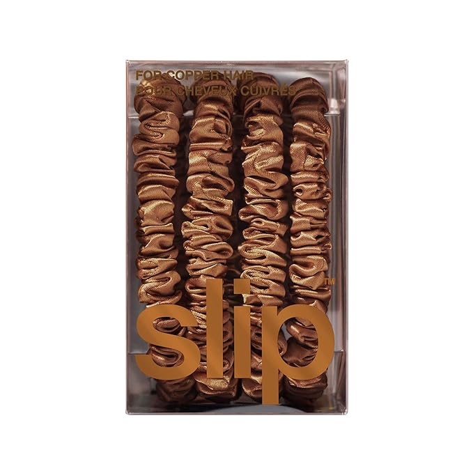 slip Silk Skinny Scrunchies - Copper | Set of 4 Skinny Scrunchies | 100% Mulberry Silk, Anti-Crease, Gentle on Hair, Reduces Breakage | Stylish & Durable, Ideal for All Hair Types