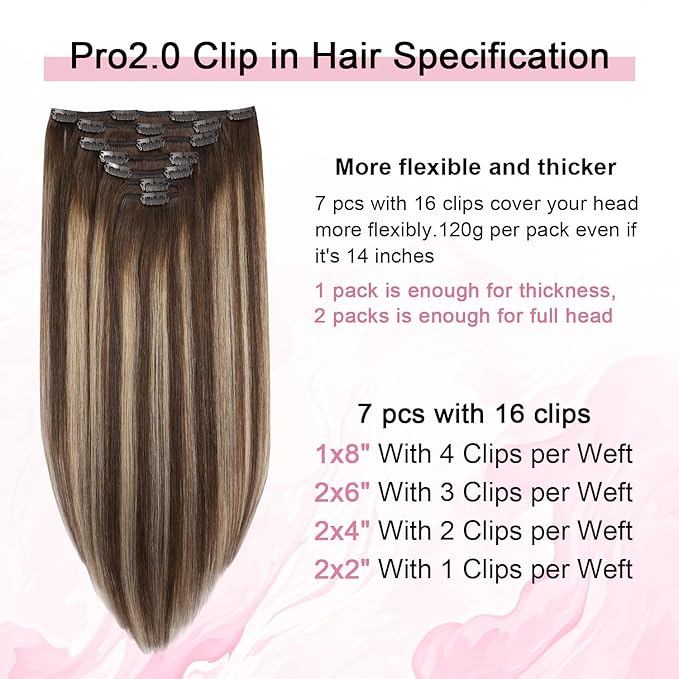 Pro2.0 Clip in Hair Extensions Real Human Hair 22inch 7pcs #4/27/4 Chocolate Brown to Caramel Blonde Remy Hair Extensions Clip in Human Hair 120g Double Weft（#4/27/4-22inch）