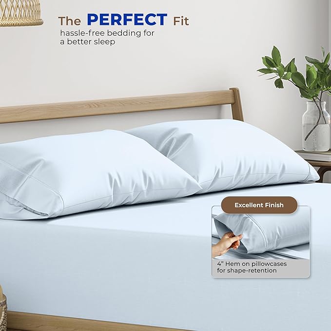THREAD SPREAD 100% Egyptian Cotton Pillow Cases King - High Thread Count Pillowcases King Size Pack of 2, Cooling & Breathable Extra Long Staple Sateen Weave Cotton Pillow Covers for Bed - Light Blue