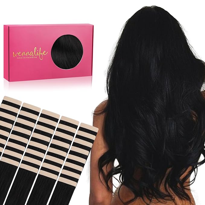 WENNALIFE Tape in Hair Extensions Human Hair, 40pcs 100g 18 inch Jet Black Hair Extensions Real Human Hair Straight Tape in Extensions Invisible Human Hair Extensions Reusable Real Hair Extensions
