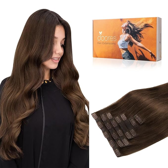DOORES Seamless Clip-in Hair Extensions, Chocolate Brown 24 Inch 120g 7pcs, Remy Human Hair Natural Straight Invisi Edge Extensions