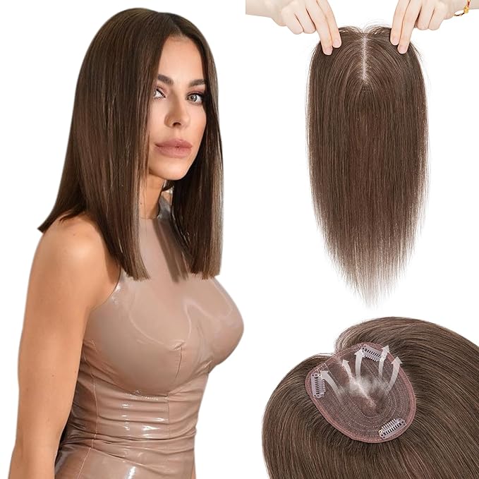 Hairro 100% Human Hair Topper No Bangs, Real Clip in Hair Hairpieces for Women, 3.94x4.72" Silk Base for Thinning Receding High Hairline, 12 Inch Dark Brown Middle Part