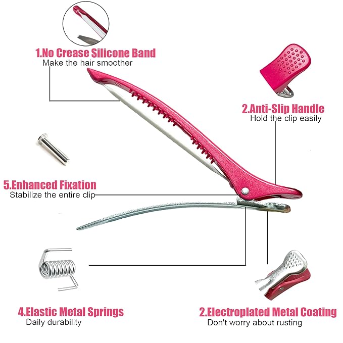 10 pcs Professional Hair Clips for Styling Sectioning - Sectioning Hair Clips for Styling, No-Crease Silicone Band& Anti-Slip Grip, Hair Cutting Clips for Blowouts, Curling, Coloring （Rose Red）