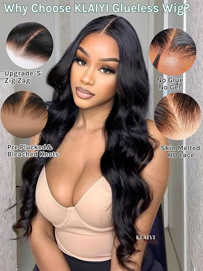 KLAIYI Body Wave Bye Bye Knots Glueless Wig 7x5 Pre Cut Lace Front Wigs Human Hair Wear and Go Wigs for Beginners Pre Bleached Pre Plucked Pre Everything 3S Easy to Ready to Wear Loose Wave Wig 22Inch