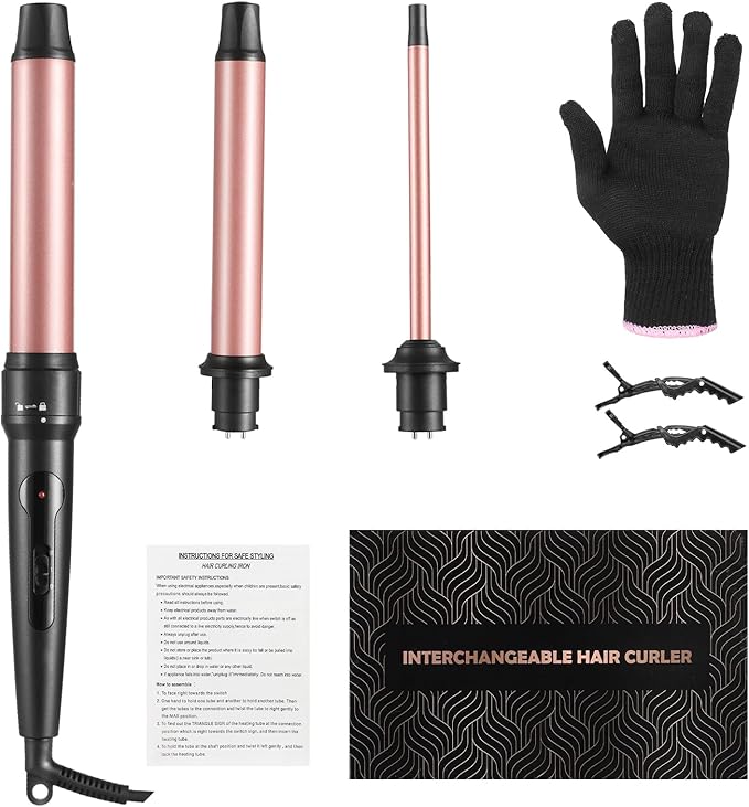 Curling Iron Wand, 3 in 1 Curling Wand Set with Ceramic Barrel for Long/Medium Hair, 0.35"-1.25" Interchangeable Hair Curler Wand, Dual Voltage, Includes Glove & Clips