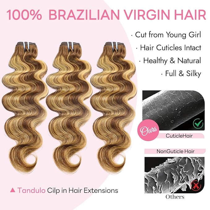 Clip in Hair Extensions Real Human Hair Body Wave #4/27 Chocolate Brown to Honey Blonde 100% Brazilian Remy Human Hair Extensions 8pcs Per Set with 18 Clips Double Weft 18 Inch 80g/3.6oz