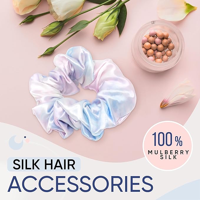 Blissy Silk Scrunchies (3 Pack) - 100% Pure Mulberry Silk - 22 Momme 6A High-Grade Fibers Scrunchie for Straight & Curly Hair - Preventing Breakage, Tangling, & Creasing (Tie Dye Skinny)