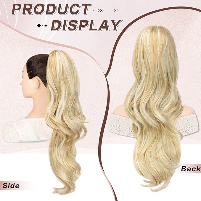 Ponytail Extension, Drawstring Ponytail Extension for Women 26 Inch Long Wavy Blonde Pony Tails Hair Extensions Synthetic Clip in Ponytail Hairpiece for Women(H24/60)