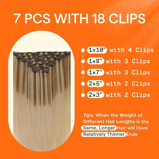 Full Shine Clip in Hair Extensions Balayage Hair Extensions Clip in Human Hair Color 10 Brown Mix to 16 Blonde Highlighted Double Weft Straight Hair Clip ins 7 Pcs 14 Inch 120 G