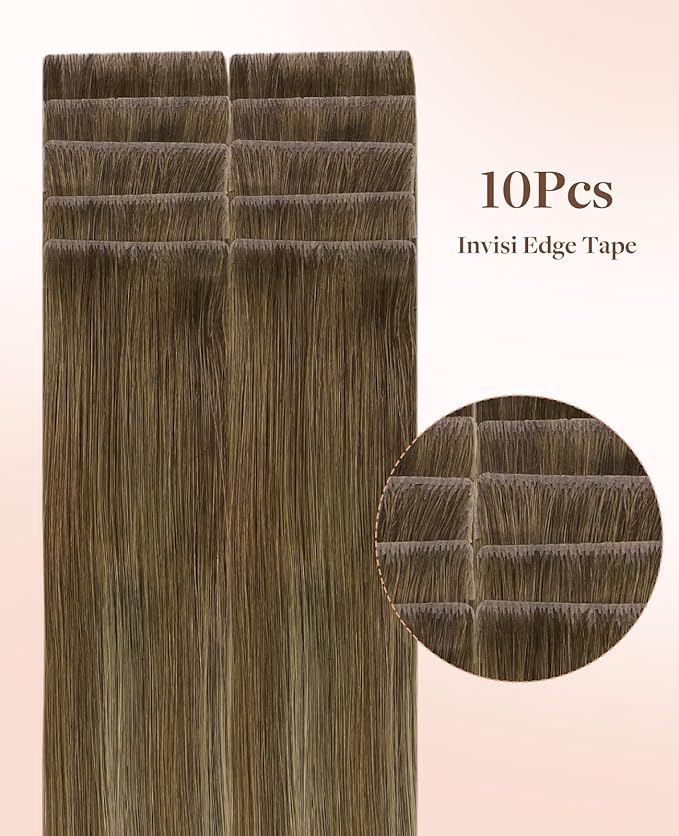 GOO GOO Invisi Edge Tape in Hair Extensions Human Hair, 3/8/613 Balayage Walnut Brown to Ash Brown and Bleach Blonde, 10pcs 16inch 25g, Virgin Remy Hair, Seamless Injected Tape, Natural Look