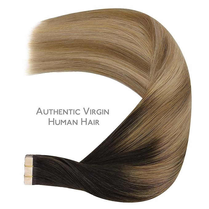 WENNALIFE Tape in Hair Extensions Human Hair Dark Brown to Chestnut Brown and Dirty Blonde Highlighted, 10pcs 30g 26 inch Remy Invisible Tape Ins Straight Colored Soft Refill Set