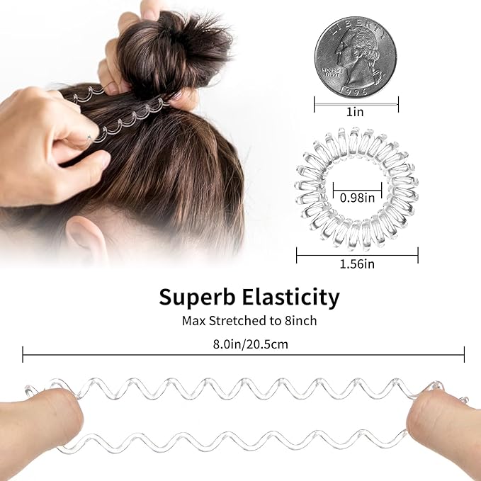 16Pcs Spiral Hair Ties, (Glossy Black&Clear White) Hair Elastic Coils for Women and Girls, Waterproof Phone Cord Hair Scrunchies Accessories Bands for Ponytails and Updos