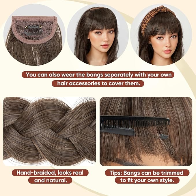 SARLA Braided Headband with 3 Detachable Clip in Bangs Fringe Hairpieces Fake Synthetic Hair Band Bangs for Women Ash Grey