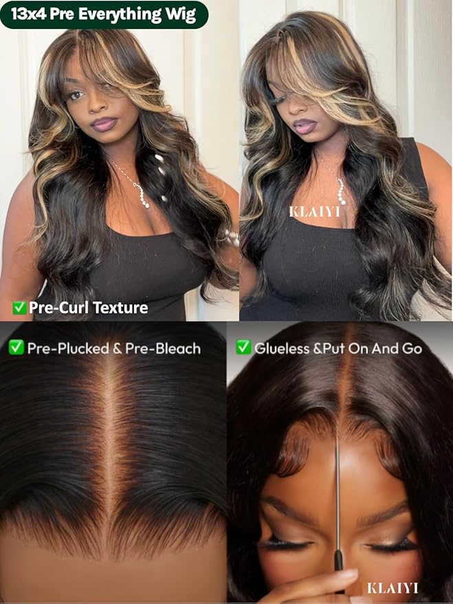 KLAIYI Bye Bye Knots Glueless Wig Human Hair 13x4 Balayage Highlight 3D Body Wave Precut Lace Front Wig with Baby Hair Black Mix Blonde Brown Pre Plucked Pre Bleached Knots Wig 30S Easy to Wear 22Inch