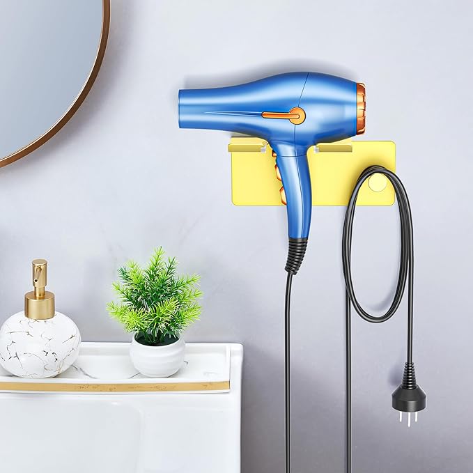 Hair Dryer Holder Wall Mounted, Blow Dryer Holder Adhesive, Metal Hairdryer Holder for Bathroom, Hair Tool Organizer with Plug&Cord for Cabinet Bathroom Bedroom Barber Shops