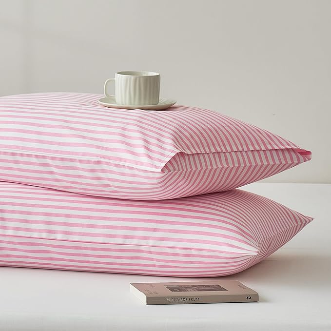 JELLYMONI 100% Natural Cotton Striped King Pillowcases Set, 2 Pack Pink Striped Pattern Printed Pillow Covers with Envelope Closure(Pillows are not Included)