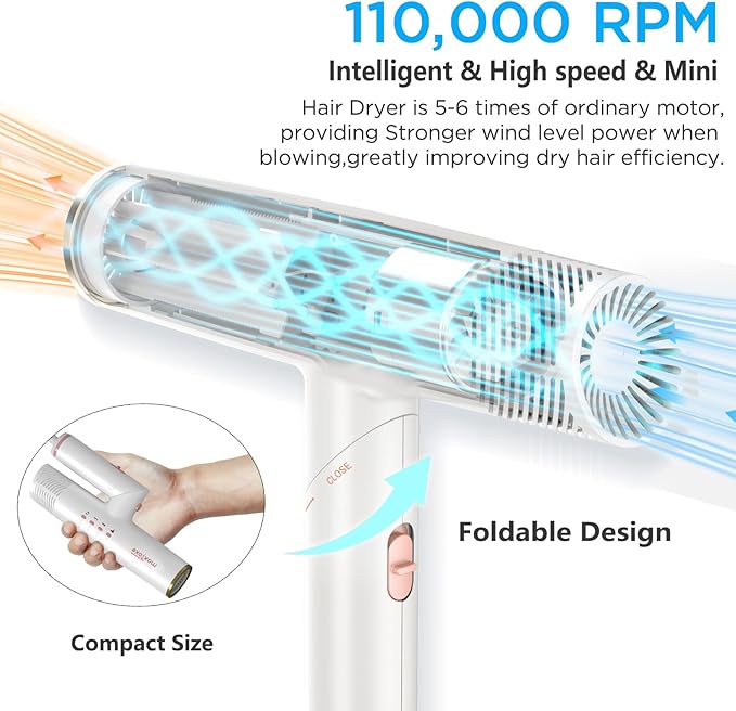 High Speed Hair Dryer, Travel Blow Dryer Foldable Ionic Small Professional Brushless Motor 9 Modes Portable One Touch Switch with Concentrator Nozzle Attachment for Home, Hotel, Salon