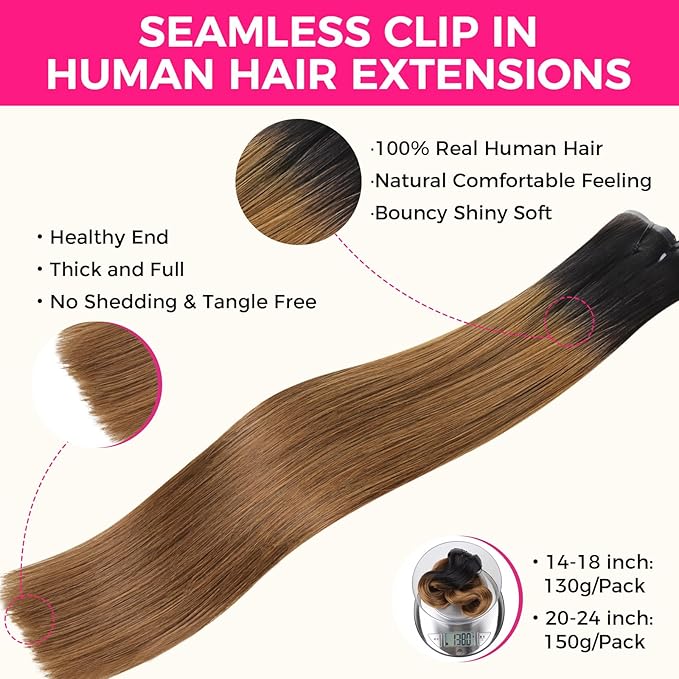 Lashey Seamless Clip in Hair Extensions Human Hair 14 Inch 130g 9pcs Straight Ombre Natural Black to Medium Auburn PU Clip in Hair Extensions Full Human Hair for Women